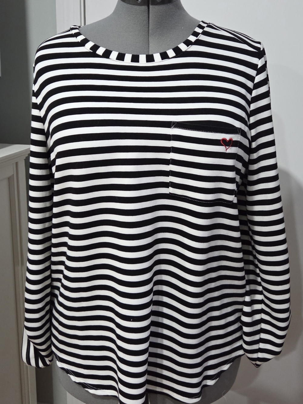 Jane and Delancey Black and White Striped Long Sleeve Top with Red Heart Detail